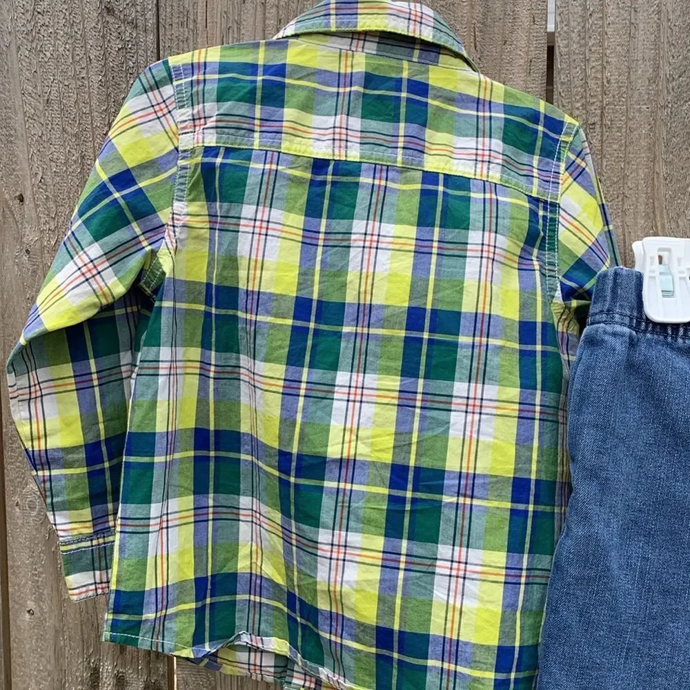 Take 50% OFF- Boys 2pcs Plaid Kids Shirt - Blue and Green and Shorts, Size-3T
